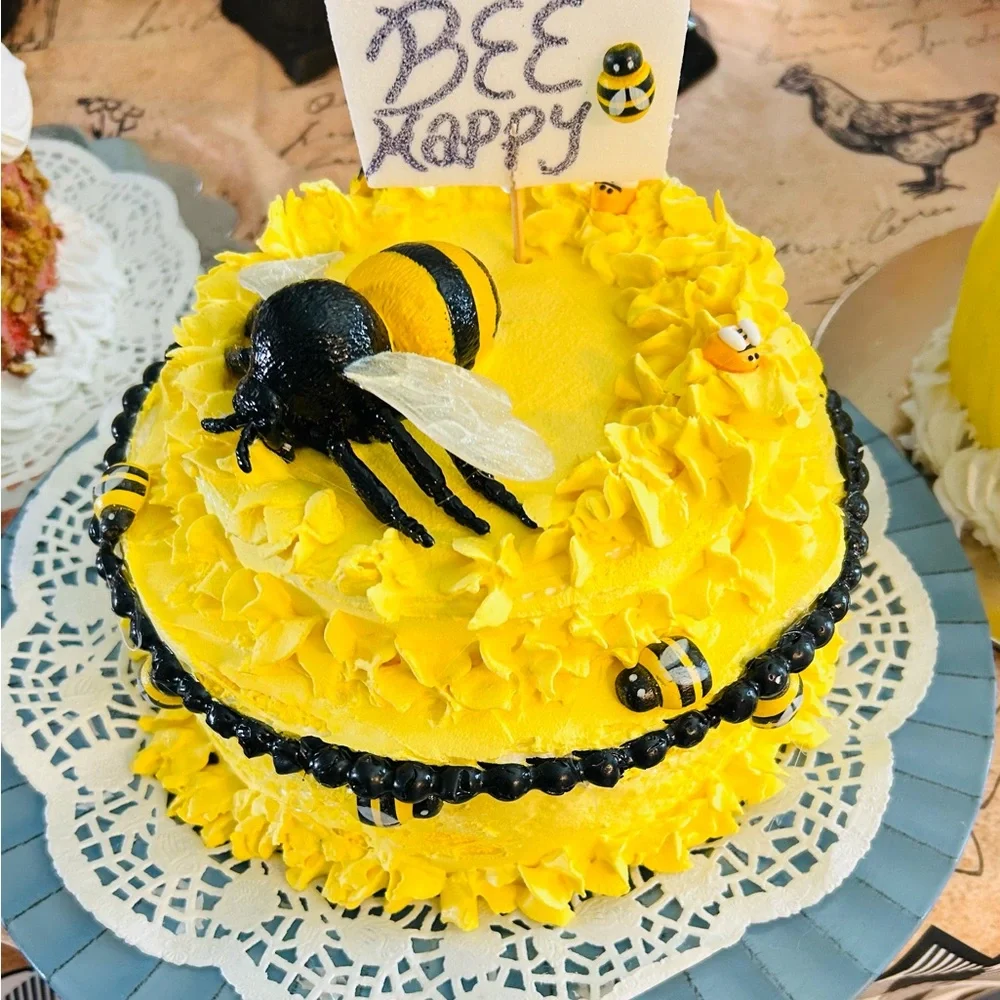 Faux bee happy cake. Yellow and Black Bee Cake Toppers for Parties